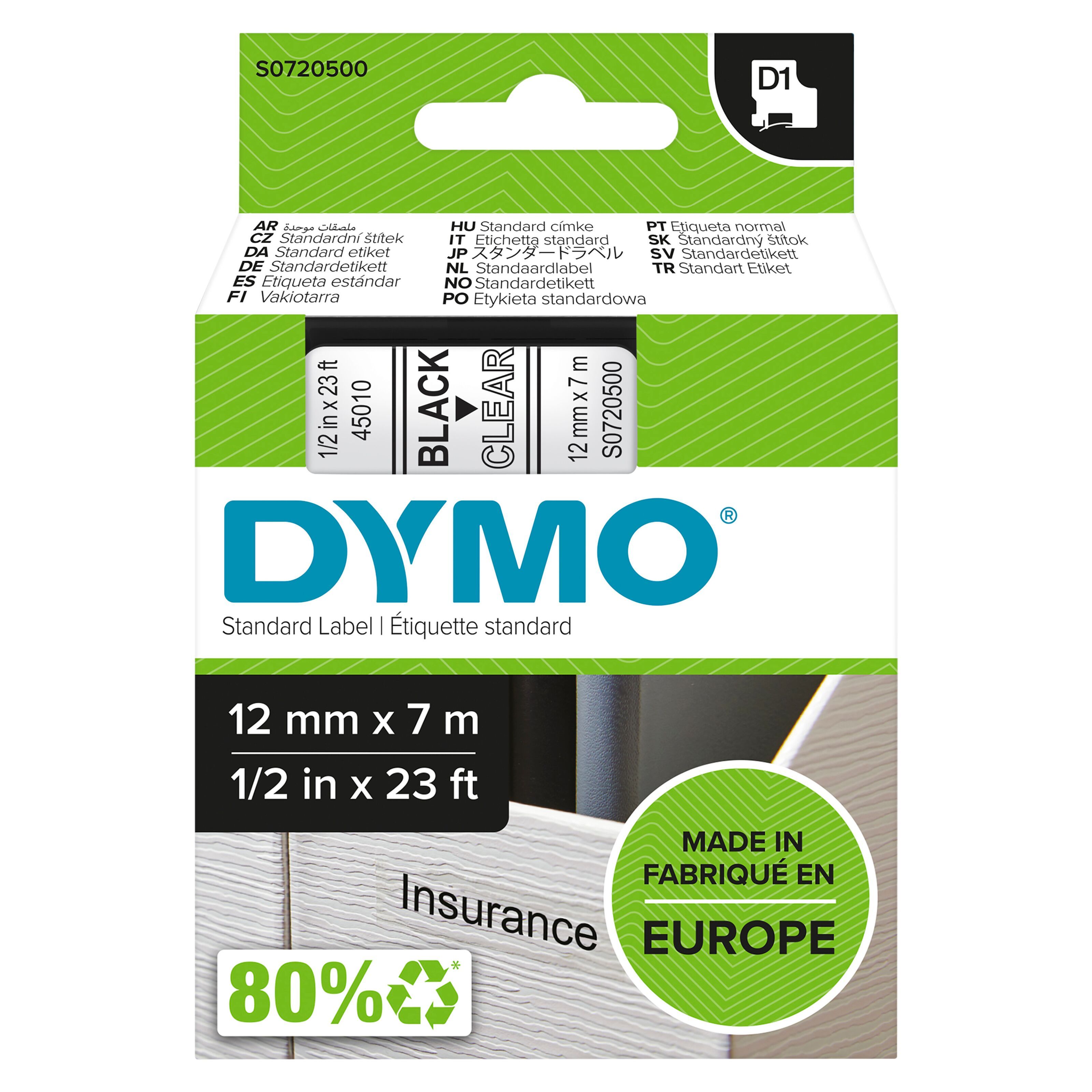 Dymo D1 ruban 12 mm, noir sur transparent bij VindiQ Office