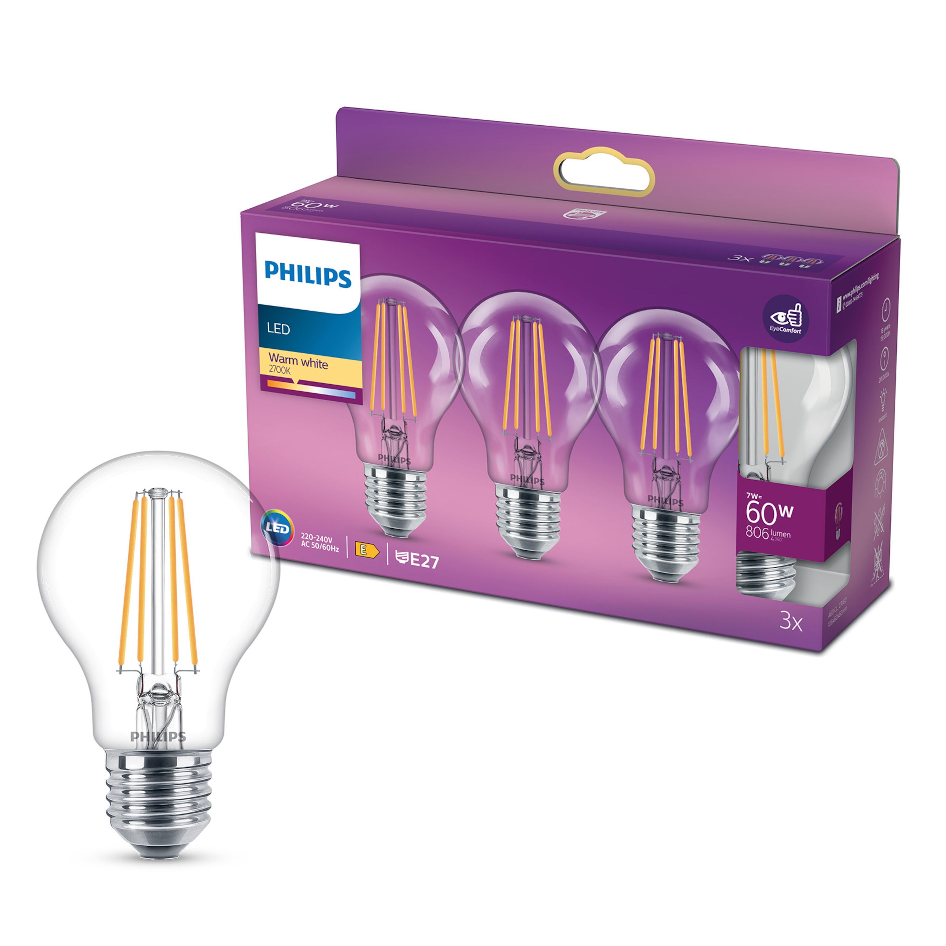 Philips LED-lampa E27 470 lm 3-pack