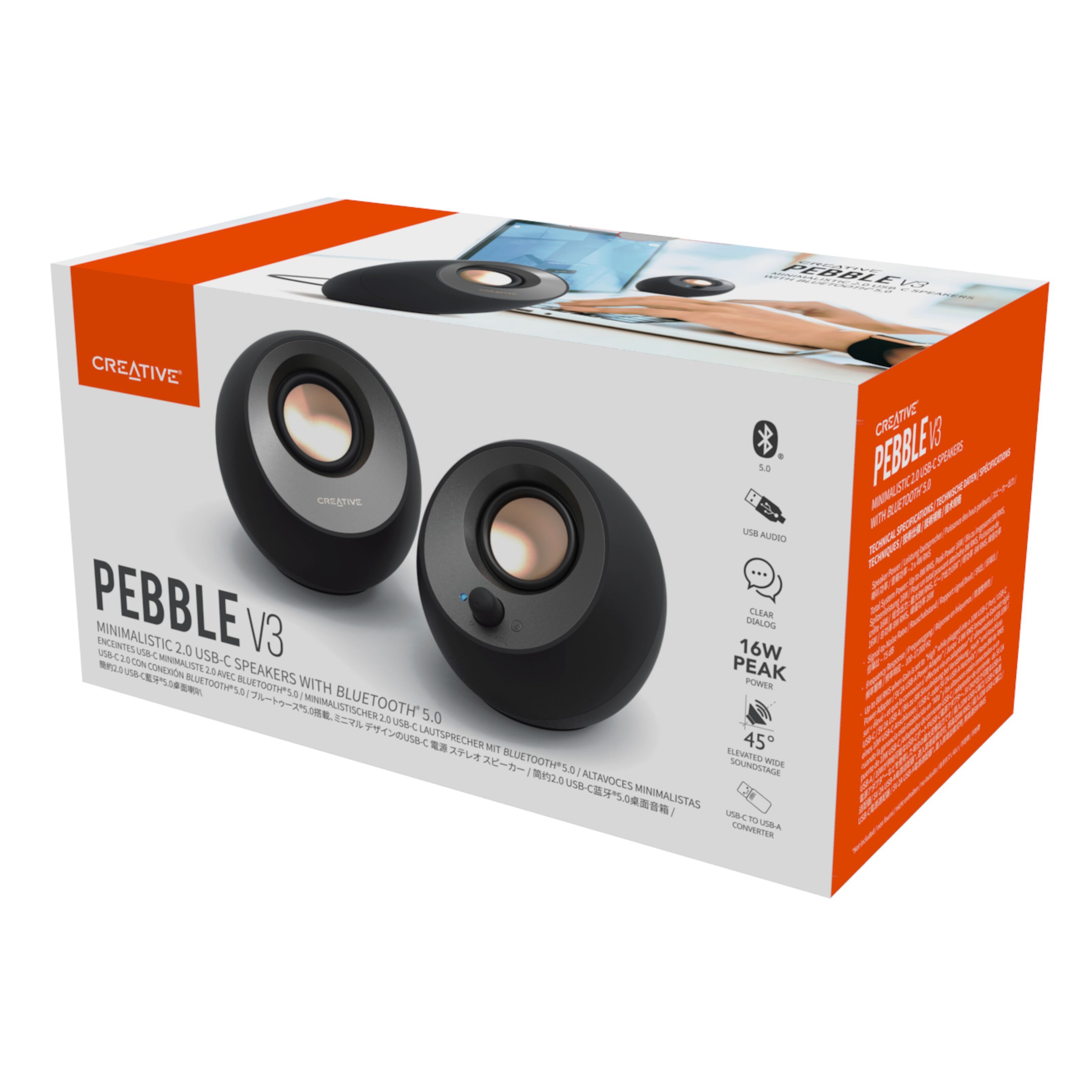 Creative Pebble V3 ブラック USB Bluetooth 3.5mmピン 8W RMS ピーク