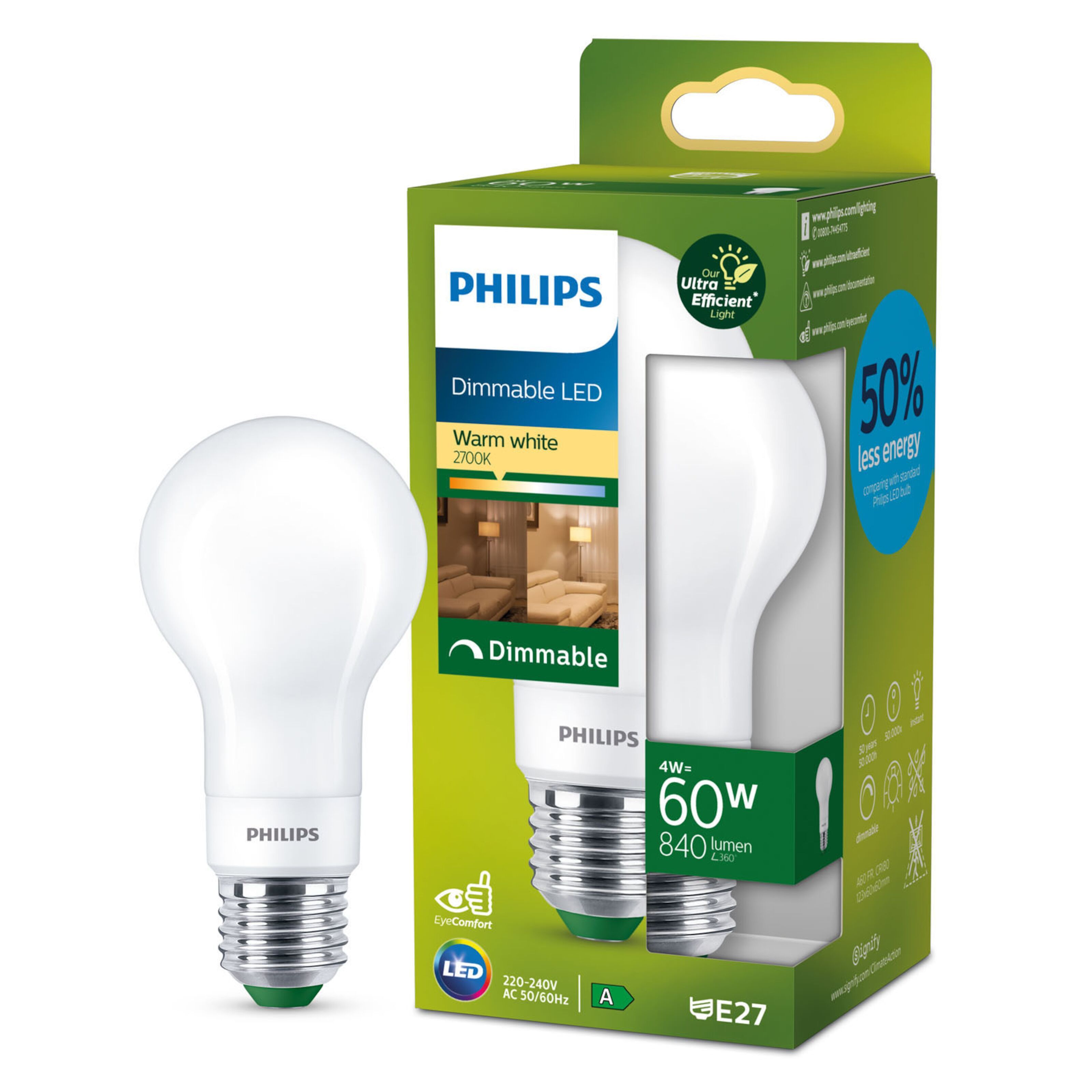 Philips Ultra Efficient E27 Dimbar LED-lampa 840 Lm - LED-lampor ...