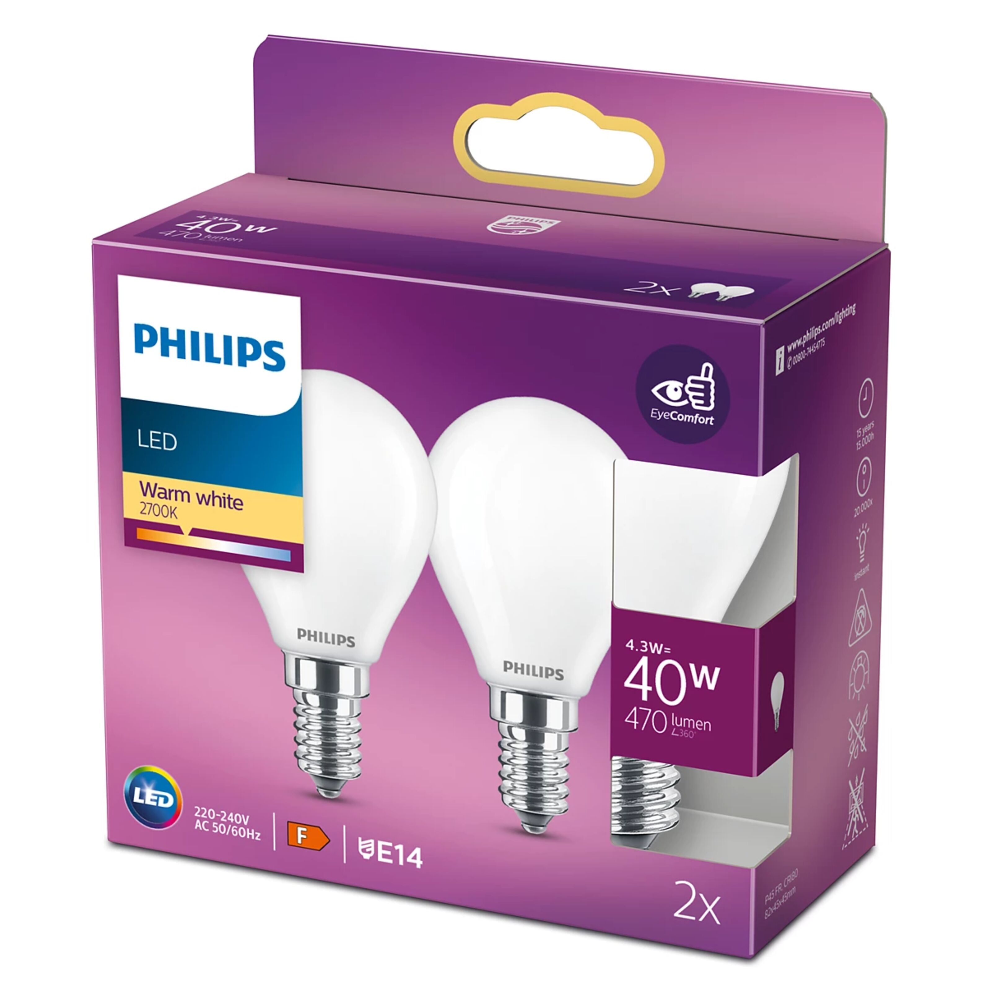 Philips Philips LED-lampa klot frostad E14 470 lm 2-pack