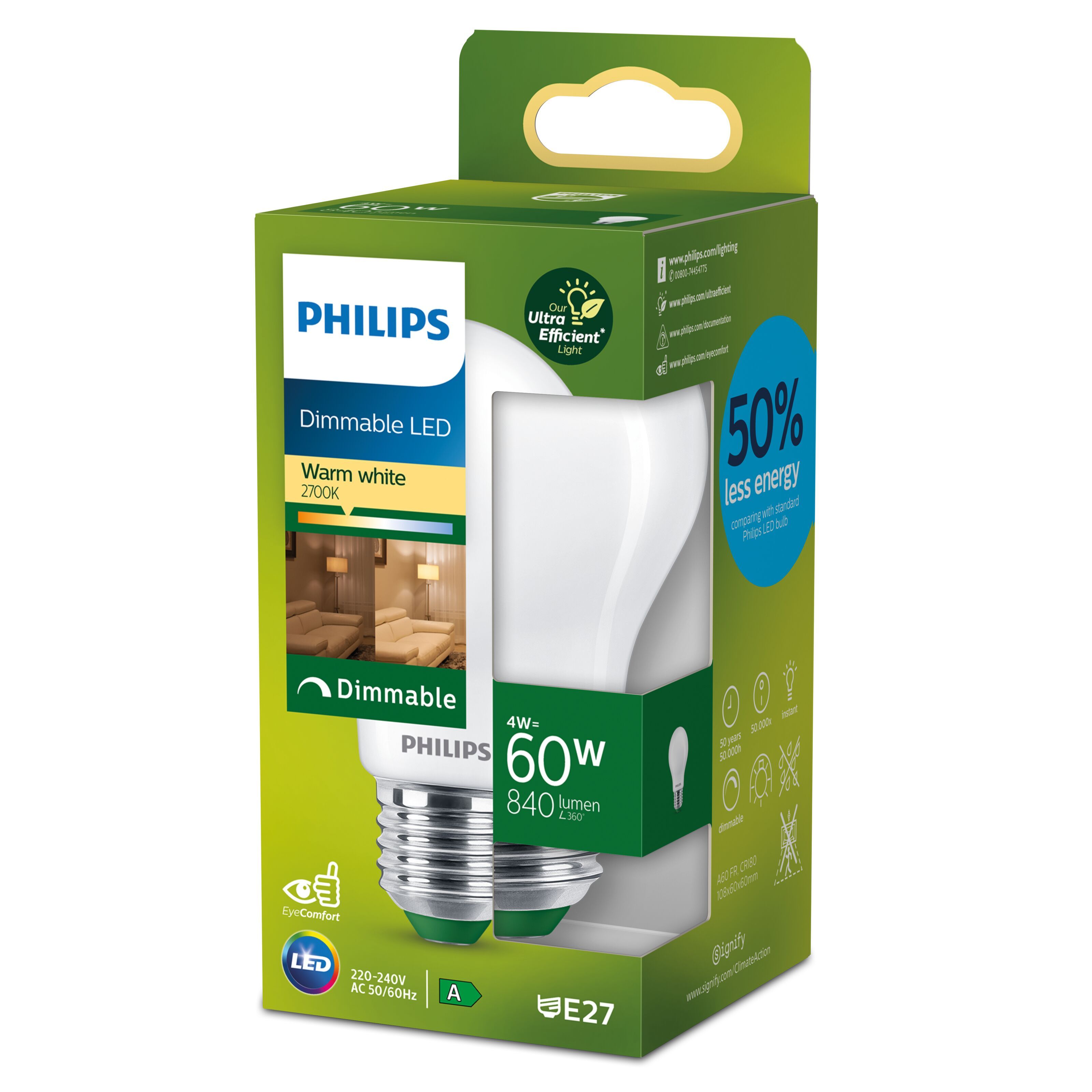 Philips Ultra Efficient E27 LED-pære 840 lm - E27-lamper | Kjell.com