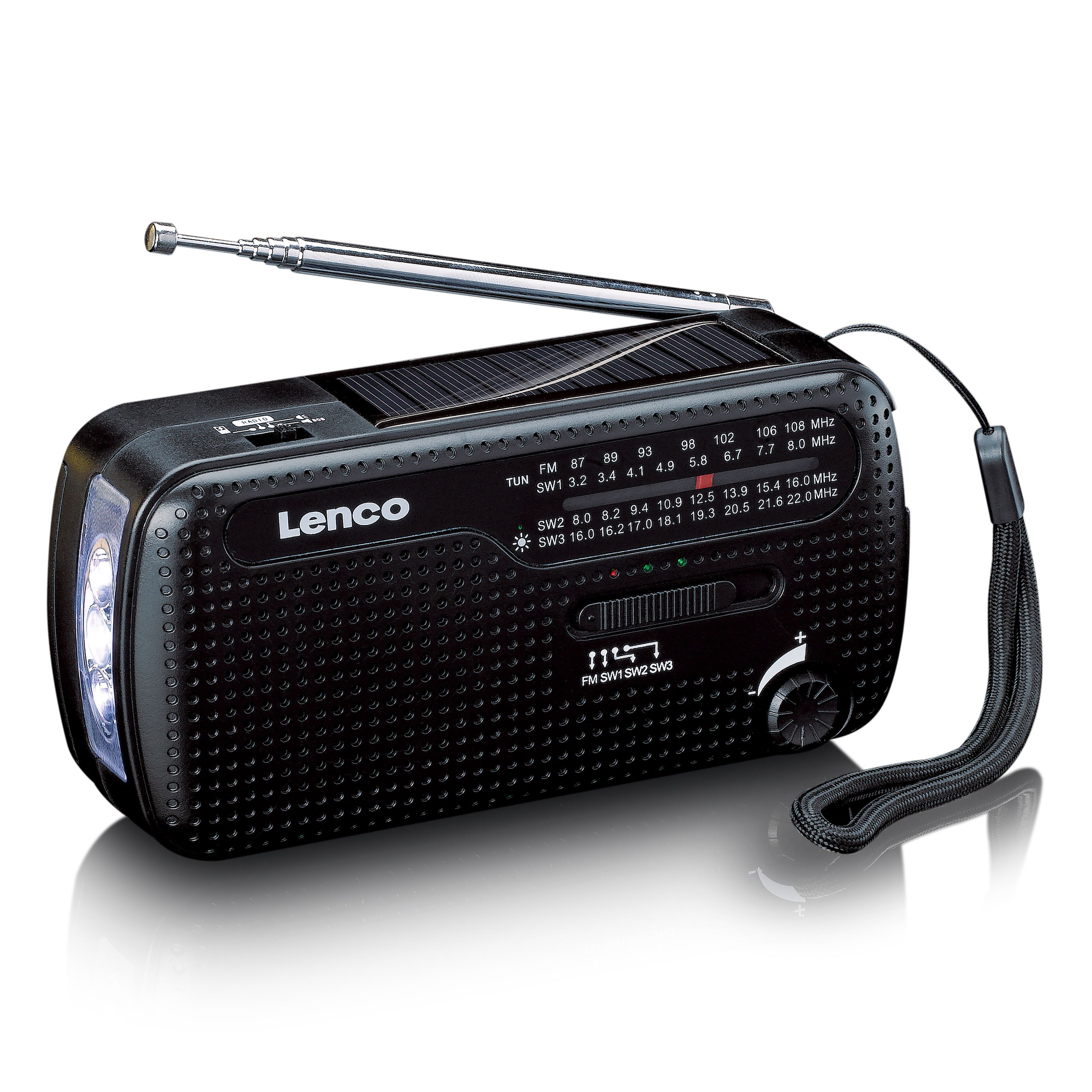 Lenco MCR-113BK FM-radio med dynamo- och solcellsladdning